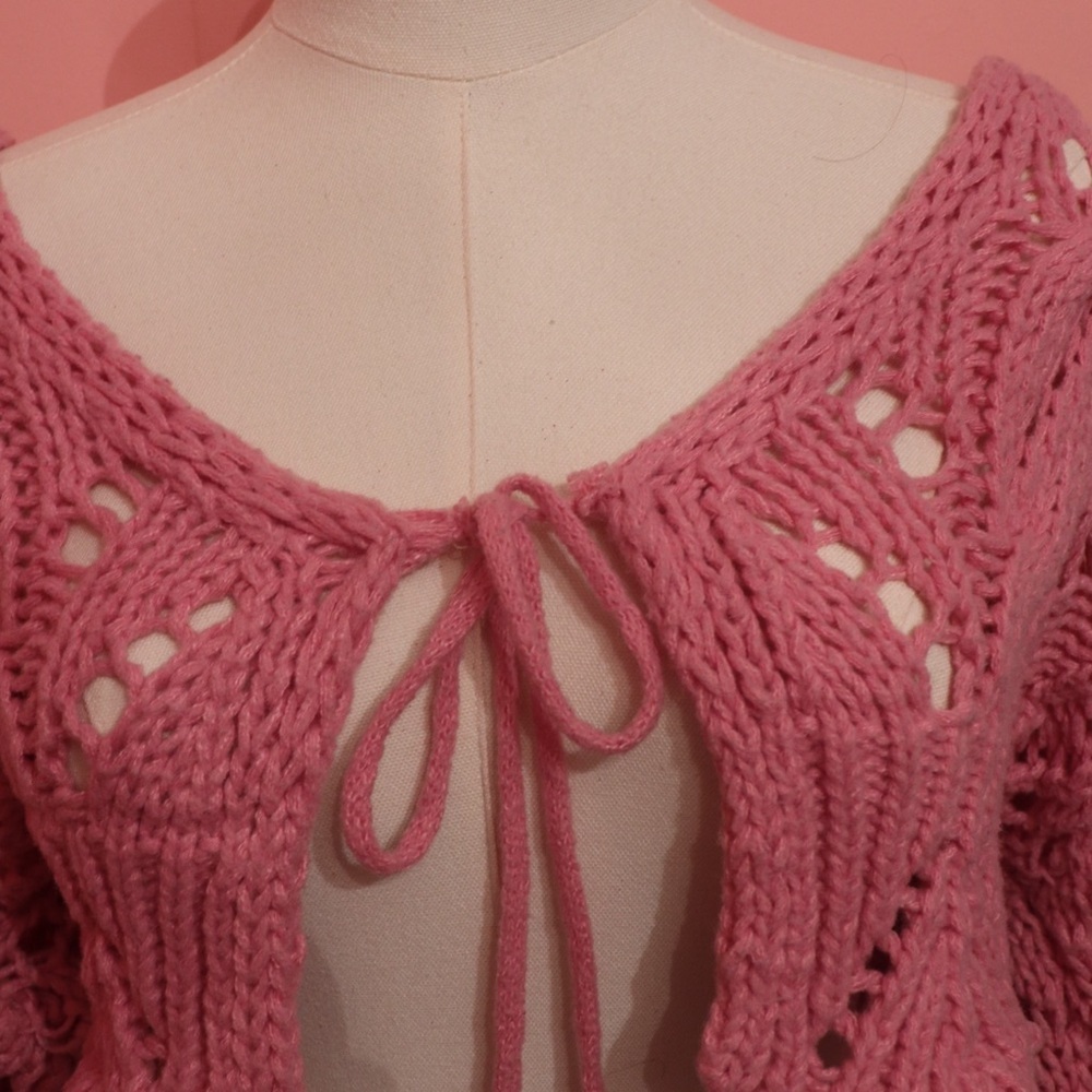 🌸 Storia Pink Crochet Knit Tie-Front Cardigan – Size Medium 🌸 - Picture 5 of 7